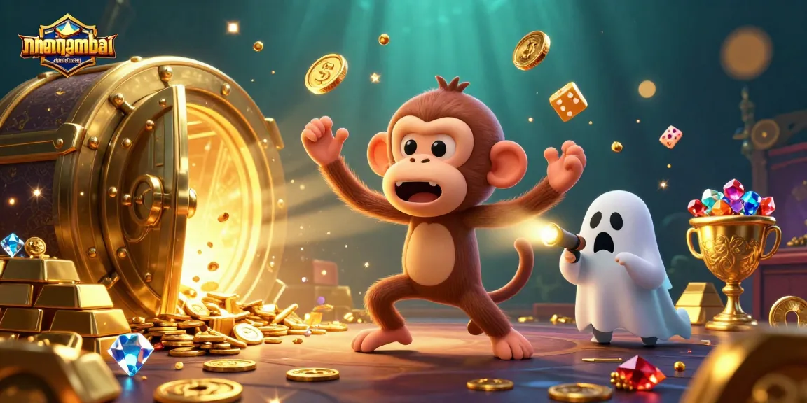 nhanquagamebai showcases an animated scene of a playful poltergeist monkey juggling casino items in a haunted atmosphere.