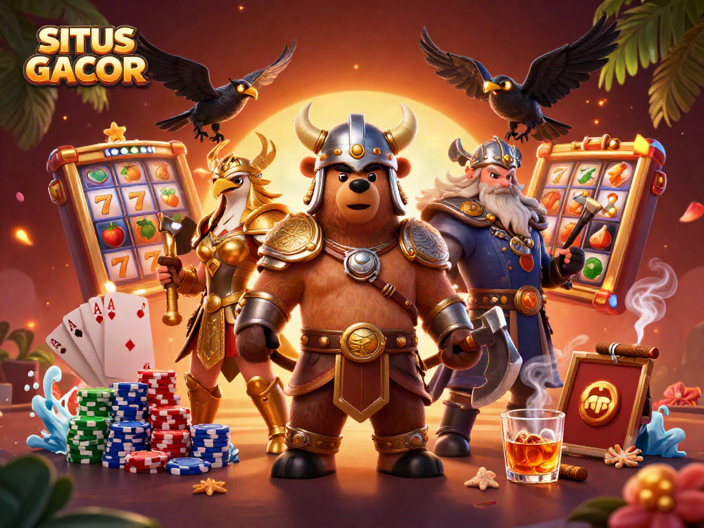 Engage with SITUS GACOR through exciting slot action, vibrant scenes filled with characters and casino games.