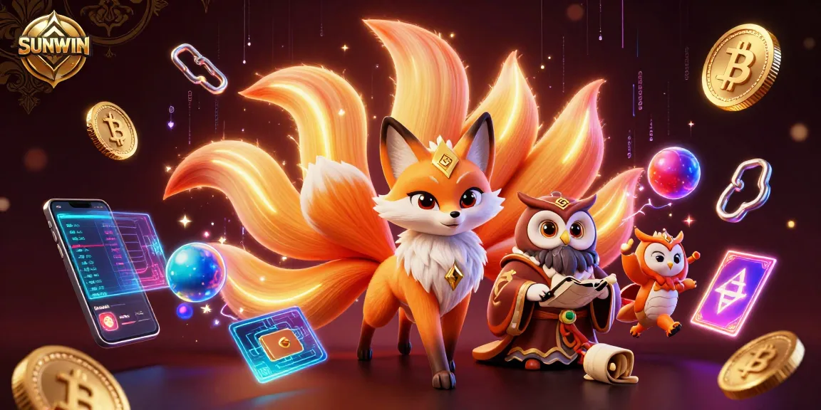 SUNWIN offers a thrilling gaming experience with a vibrant scene featuring glowing characters and crypto elements in a cartoon style.