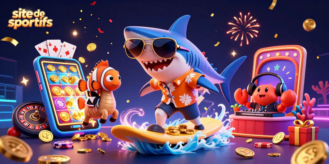 Placer vos paris sur le site de paris sportifs avec un poisson clown et un requin surfeurs.