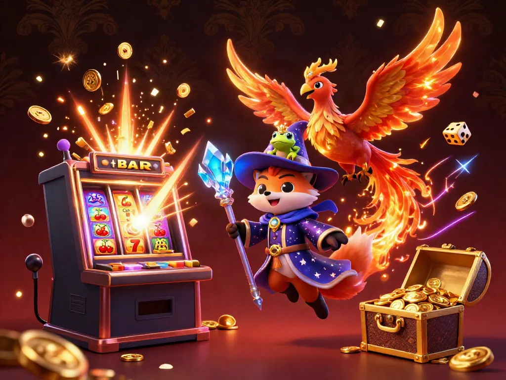 Engage with gacor123 in this dynamic jackpot scene filled with vivid casino elements and magical characters.