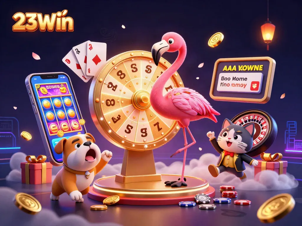 Engage with 23Win by spinning the prize wheel and winning big with colorful casino elements!