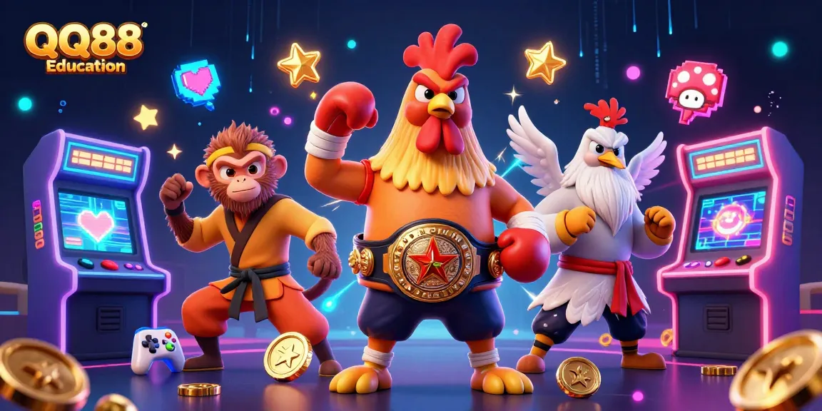 Engage in action-packed gaming at QQ88 Education, featuring vibrant mascots and casino elements.