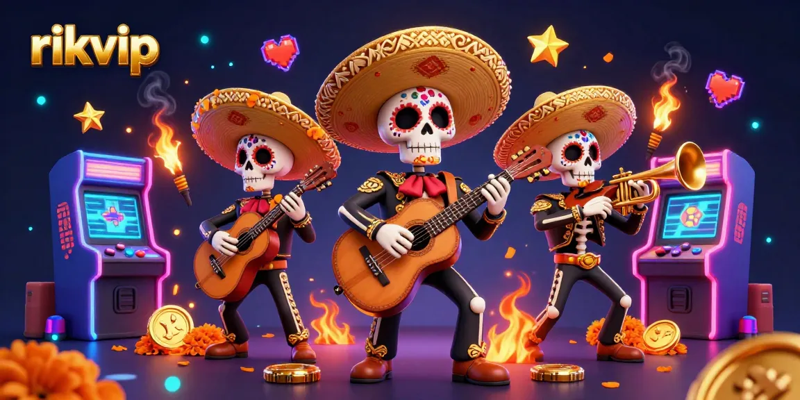 Engage in excitement and entertainment at rikvip with vibrant mariachi skeletons and retro gaming elements.