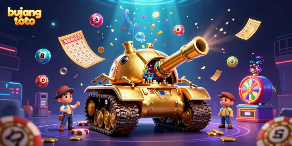 Bujang toto-themed vibrant 3D casino scene with lottery balls and confetti elements.