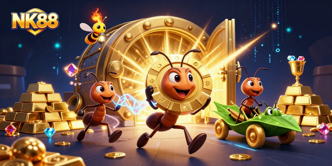 NK88 team of ants stealing a giant poker chip in a treasure-filled tunnel with vibrant elements.