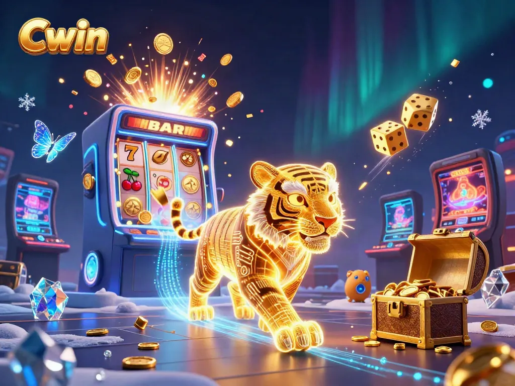 Experience Cwin with a vibrant digital casino illustration featuring a golden tiger and dynamic game elements.