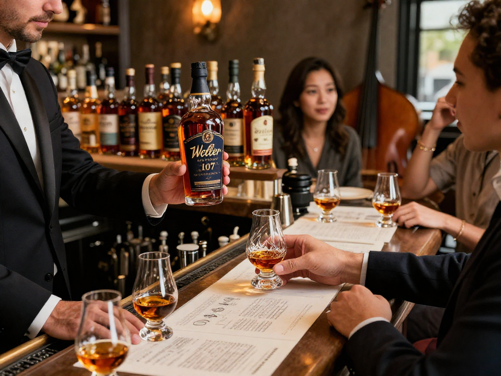 Experience Weller Antique 107 bourbon served in an elegant bar setting, showcasing its rich flavor profile and ambiance.