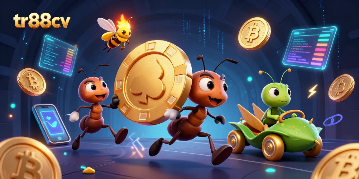 Engage with the thrilling heist at tr88cv, featuring vibrant 3D cartoon ants carrying a giant poker chip.