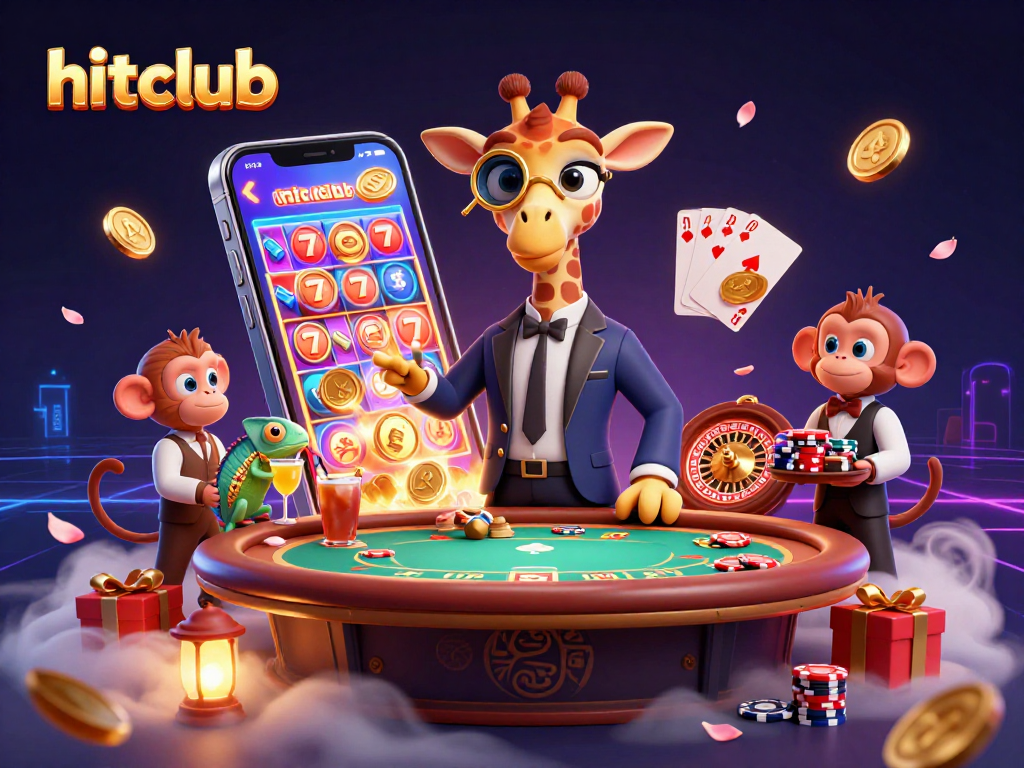 Engage with hitclub's vibrant casino scene, showcasing a giraffe and characters at a poker table.