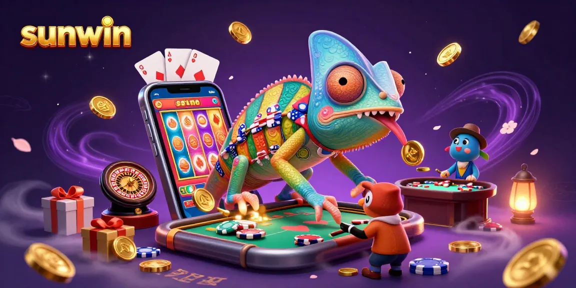 Experience sunwin's vibrant casino world with a chameleon owner capturing golden coins in 3D