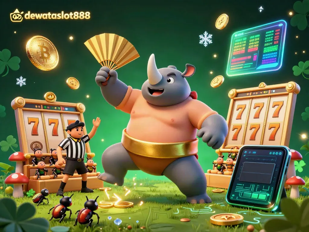 Permainan menegangkan di dewataslot888 dengan juara sumo kaki badak kartun dan banyak koin emas.