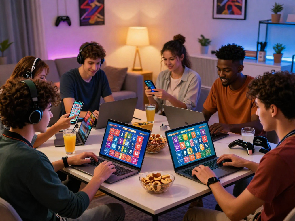 Dewatogel online gaming experience with friends enjoying togel on laptops and smartphones in a cozy setting.