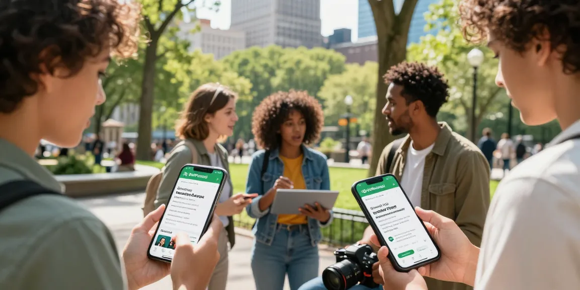 Engaged users exploring BedPersonal for local classifieds in a vibrant urban park.