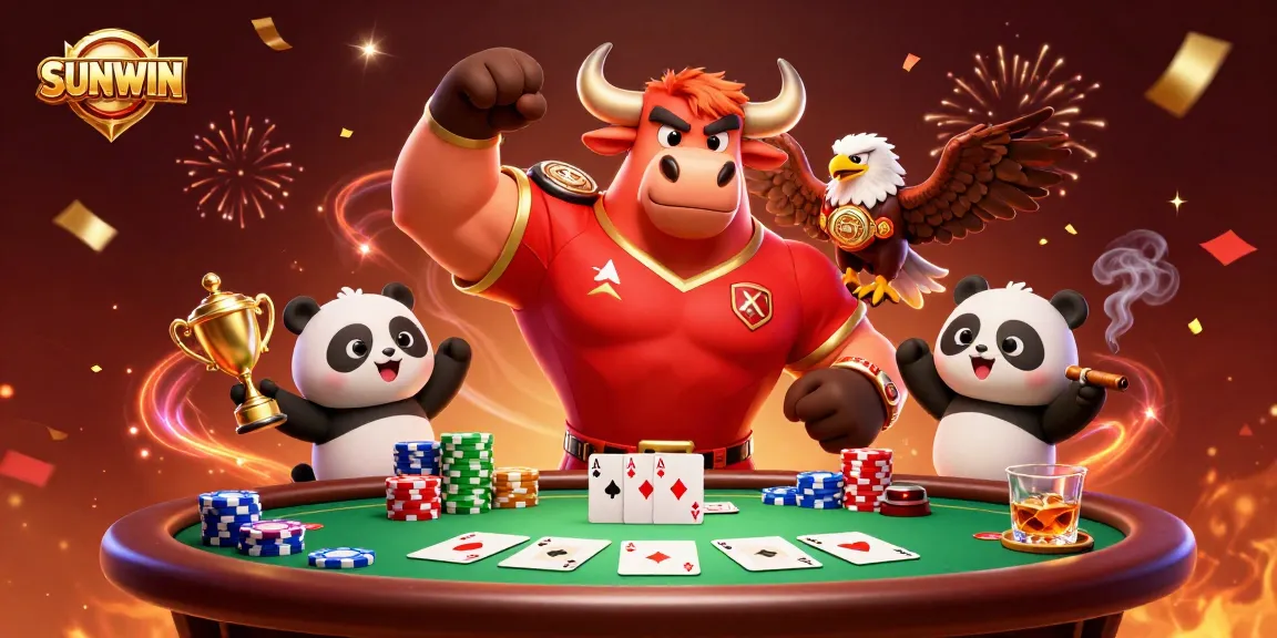 SUNWIN delivers victory moments with a dynamic gambling scene featuring a bull, bald eagle, and panda.