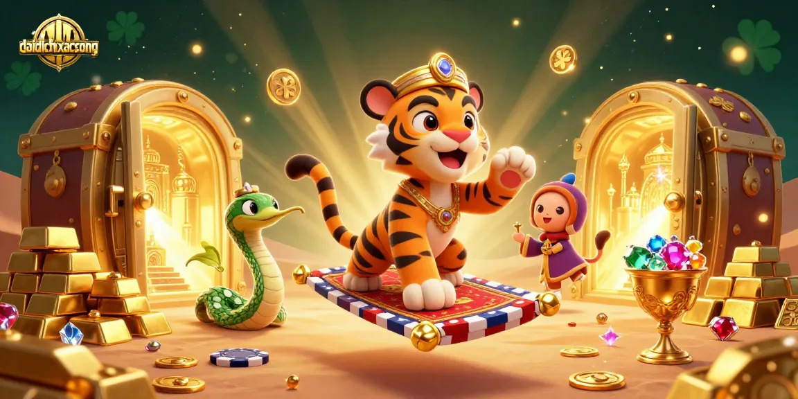 Win at daidichxacsong with a vibrant scene of an Arabian sultan amid treasures and casino elements.