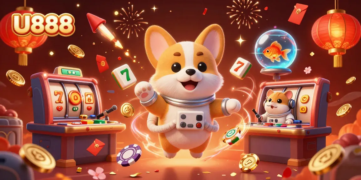 Engage with U888's vibrant casino universe featuring a playful corgi and exciting game elements.