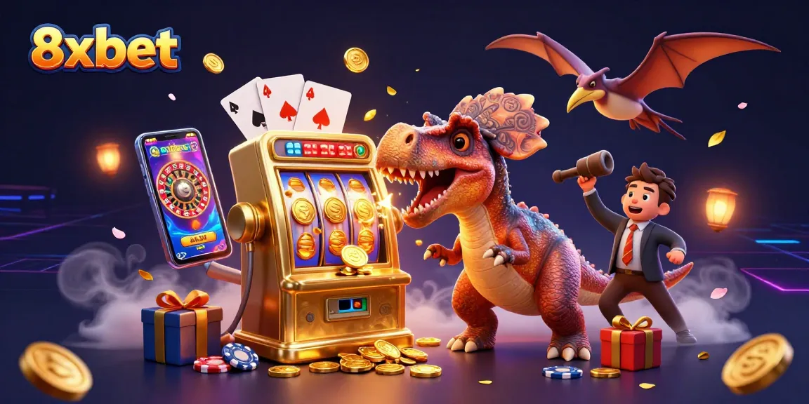 Catch jackpots at 8xbet with an animated pachycephalosaurus winning coins from a golden slot machine.
