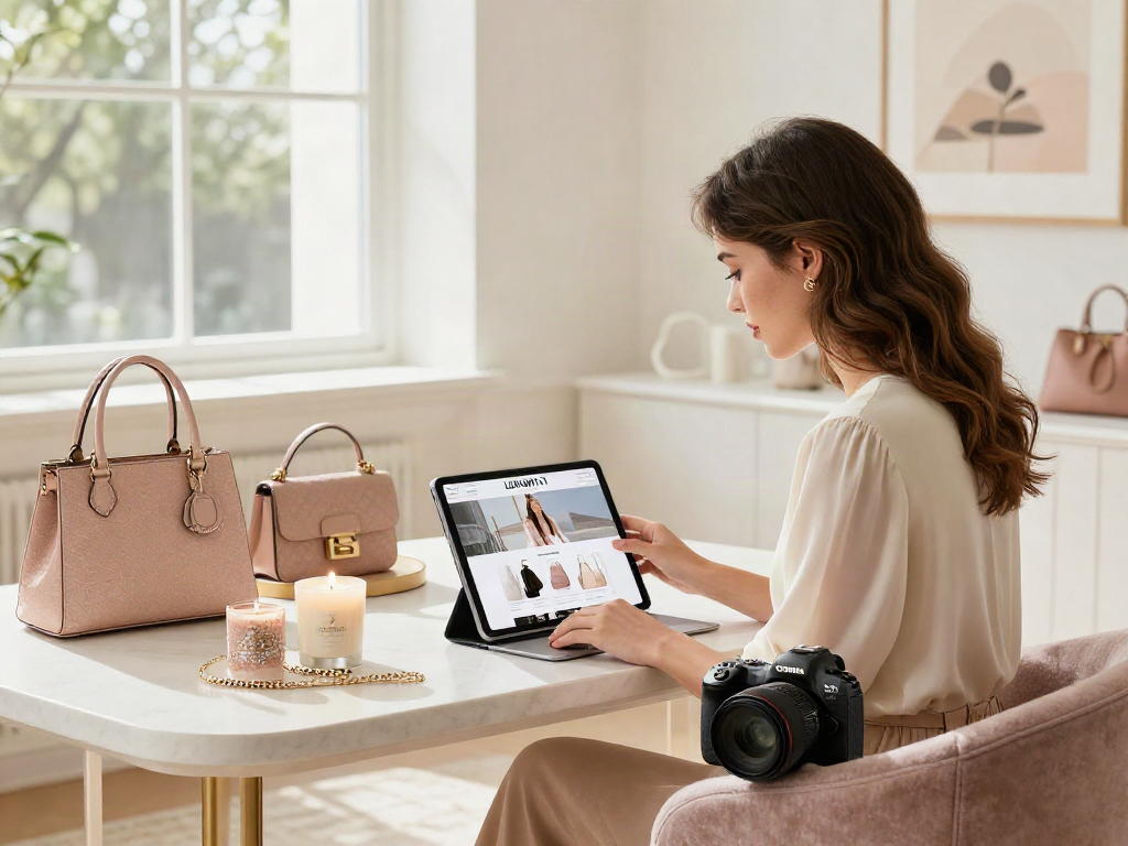 Pengalaman belanja online luxurios di LUXURY111, wanita elegan menggunakan tablet di lingkungan mewah.