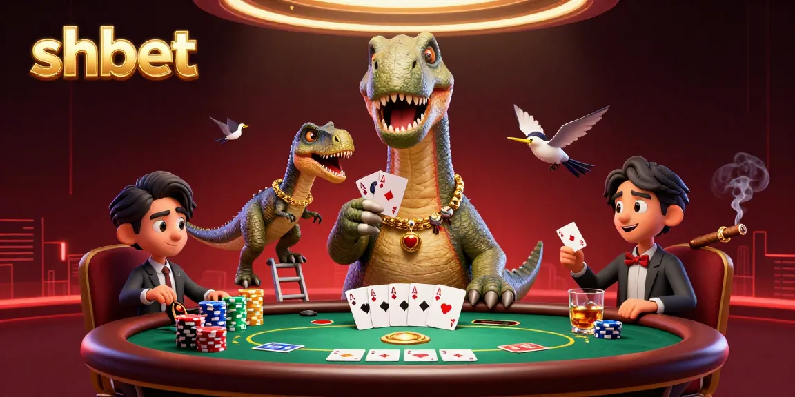Experience thrilling shbet action with a giant brontosaurus at a poker table
