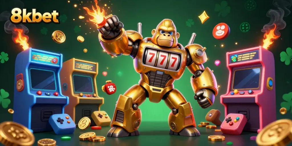 Experience the thrill of 8xbet with a dynamic 3D scene featuring a golden gorilla mech among vibrant arcade slots.