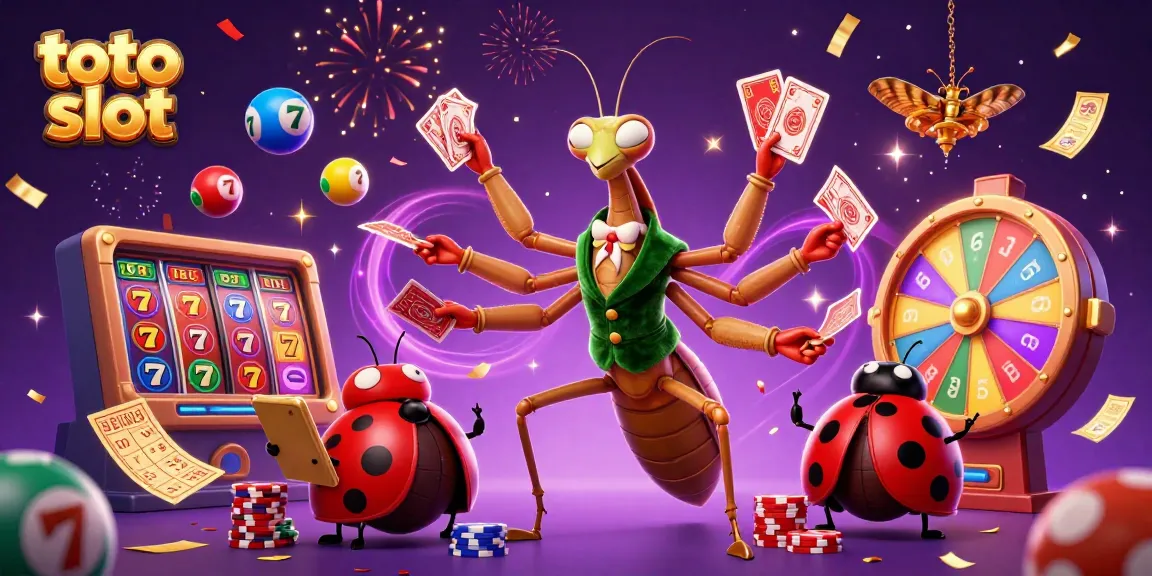 Toto slot gaming scene with a giant praying mantis dealer and vibrant slot elements, celebrating wins.